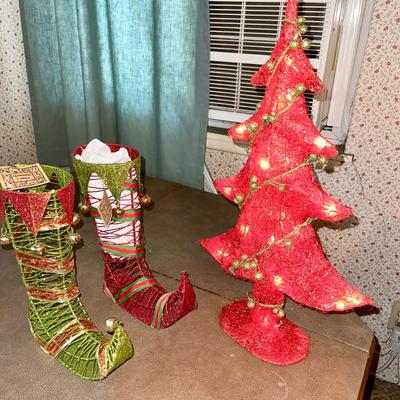 LOT 277  LIGHT UP RED SOFT SCULPTED CHRISTMAS TREE & PAIR OF COATED WIRE ELF BOOTS!