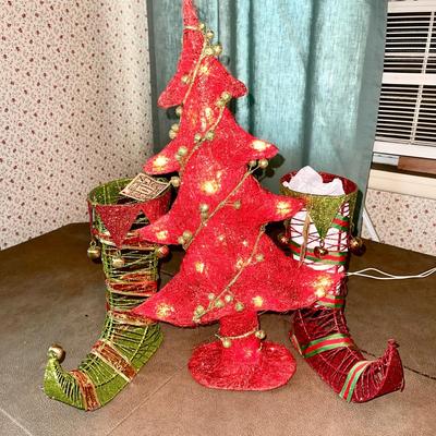 LOT 277  LIGHT UP RED SOFT SCULPTED CHRISTMAS TREE & PAIR OF COATED WIRE ELF BOOTS!