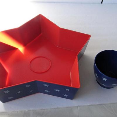 Unused Patriotic Chip and Dip Set and Patriotic Utensil/Napkin Basket