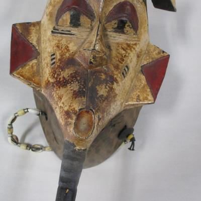 Hand Carved Wooden Horned Tribal Mask