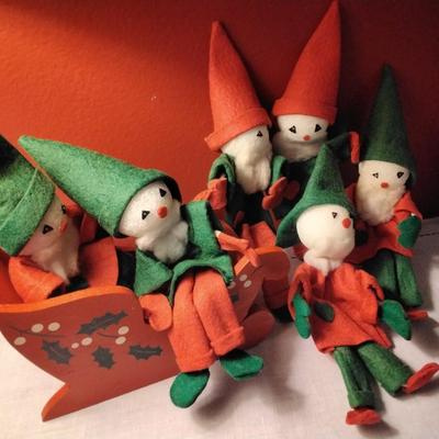 Lot of VERY Vintage Elves With Wooden Sled