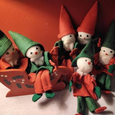 Lot of VERY Vintage Elves With Wooden Sled