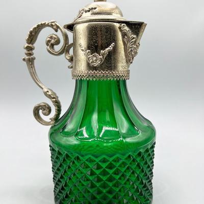 Vintage Emerald Green Glass & Silver Plate Diamond Pattern Decanter Pitcher