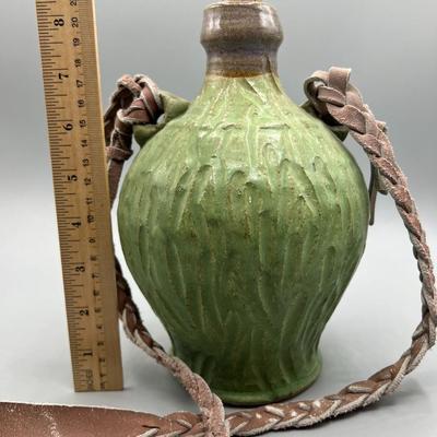 Vintage Ceramic Pottery Strapped Carrying Travel Decanter Corked Bottle