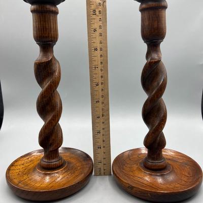 Vintage Pair of Twisting Turned Wood Candlestick Holders