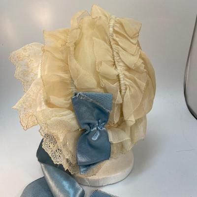 Antique Vintage White Cotton Eyelet Lace Bonnet with Blue Ribbon
