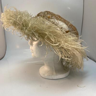 Vintage Antique Joseph Magnin Starched Lace and Ostrich Feather Hat