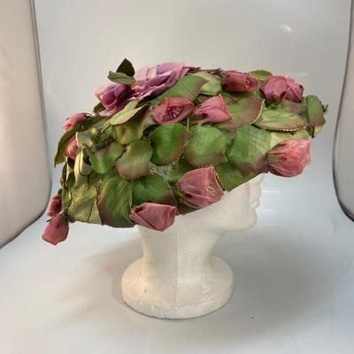 Vintage Adele Claire Pink & Green Flroal Beret Style Dress Up Womens Cap