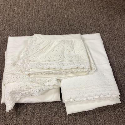 Two Vintage Sets of Twin Size White Cotton Bed Sheets with Eyelet Lace Trim Pillowcases
