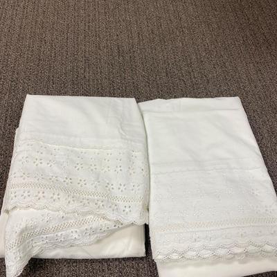 Two Vintage Sets of Twin Size White Cotton Bed Sheets with Eyelet Lace Trim Pillowcases