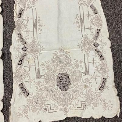 Matching Pair of Antique Vintage Open Work Embroidered Table Runners