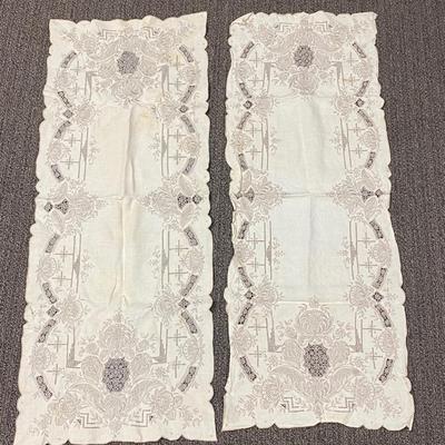 Matching Pair of Antique Vintage Open Work Embroidered Table Runners
