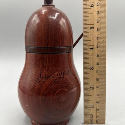 Retro Mid Century Wooden Pear Shaped Sugar Spice Container with Spoon