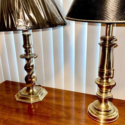 LOT J   TWO BRASS TABLE LAMPS BY STIFFEL TEXTURED BLACK SHADES