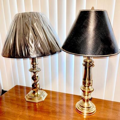 LOT J   TWO BRASS TABLE LAMPS BY STIFFEL TEXTURED BLACK SHADES