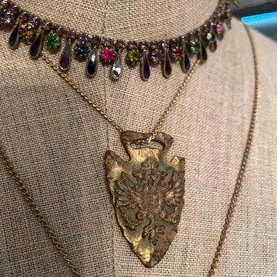 Lot NN Vintage brass, gold and gem necklaces