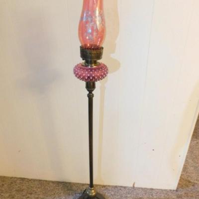Antique Hobnail Cranberry Glass Post Floor Lamp with Hand Painted Glass Chimney