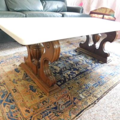 Vintage Marble Top Wood Frame Coffee Table