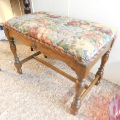 Vintage Walnut Wood Frame Upholstered Seat Sitting Bench
