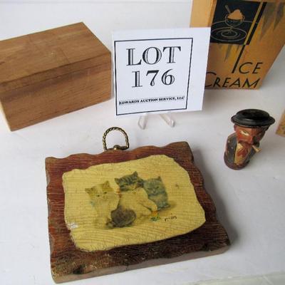Misc Lot of Stuff: Vintage Ice Cream Boxes, Carved Wood Stopper, More