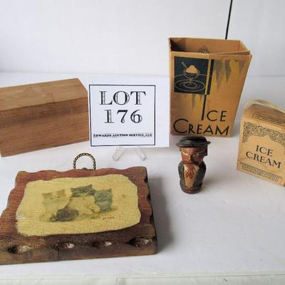 Misc Lot of Stuff: Vintage Ice Cream Boxes, Carved Wood Stopper, More