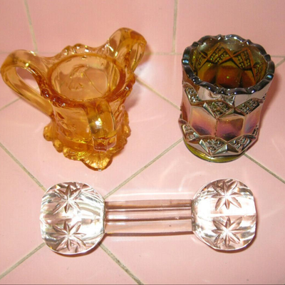 Lot GGG 3pcs Vintage Yellow Depression + Green Carnival Glass Toothpick Holders Crystal Knife Rest