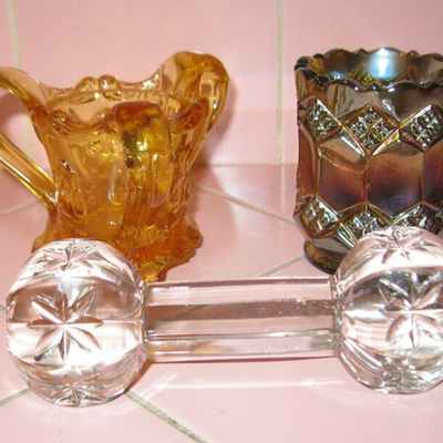 Lot GGG 3pcs Vintage Yellow Depression + Green Carnival Glass Toothpick Holders Crystal Knife Rest