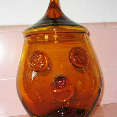 Lot MMM Vintage Empoli Amber Art Glass Clown Cookie Jar Made Italy Applied Face MCM