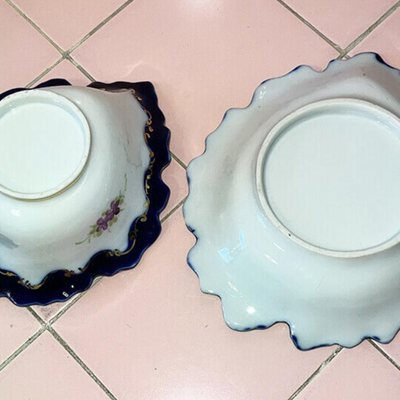 Lot OOO Antique Porcelain Sauce Dish w/ Under Plate Cobalt Gold Trim Mustard Jam Floral