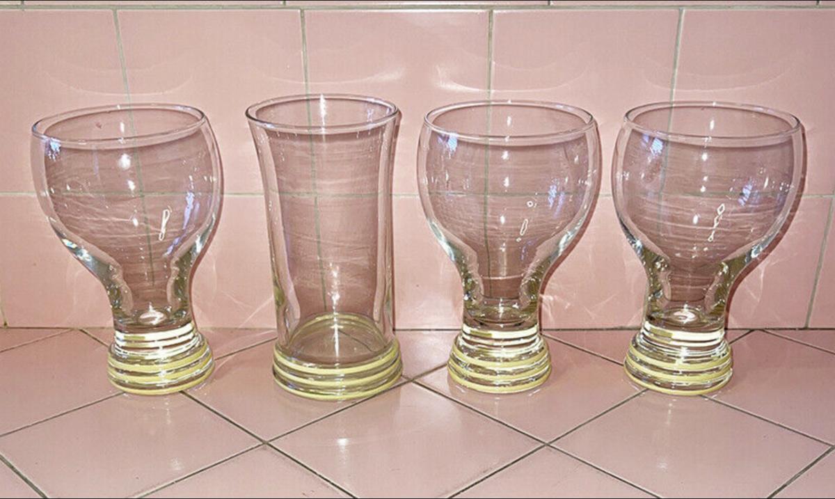 Lot RRR Fiesta Ware 4 Glasses Goblet Tumbler Beer Glass Yellow Stripes Fiestaware EstateSales