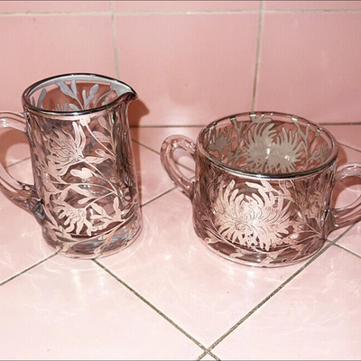 Lot SSS Antique Crystal Creamer & Sugar w/ Silver Overlay