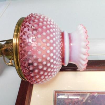 Cranberry Hobnail Shade and Post Electric Hurricane Lamp with Brass Accents  (L1)