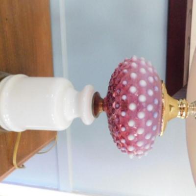 Cranberry Hobnail Post Table Lamp with Porcelain Base   (L3a)