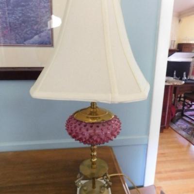 Cranberry Hobnail Post Table Lamp with Porcelain Base   (L3a)