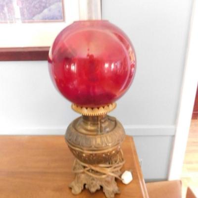 Vintage Red Bubble Shade Electric Table Lamp with Brass Finish Oil Lamp Base   (L4)