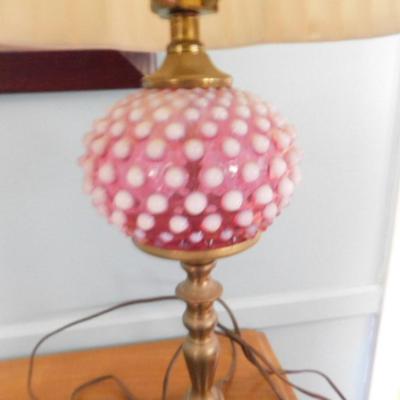Cranberry Hobnail Glass Lamp with Brass Finish Candlestick Post   (L5)