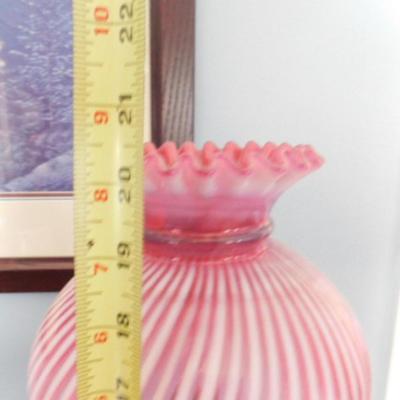 Cranberry White Stripe Swirl Ruffle Top Shade with Matching Glass Post Electric Lamp   (L6)