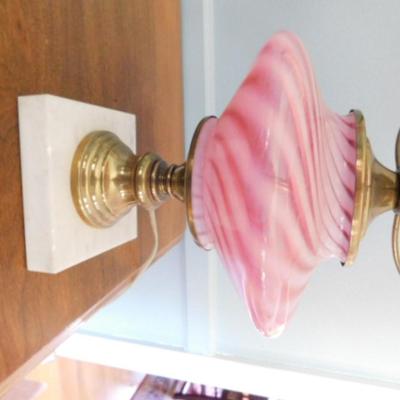 Milk Glass Shade Table Lamp with Pink White Swirl Glass Post   (L7)