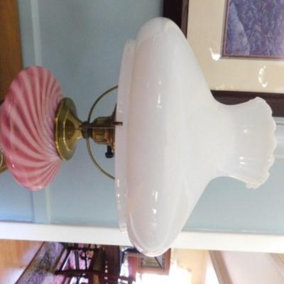 Milk Glass Shade Table Lamp with Pink White Swirl Glass Post   (L7)