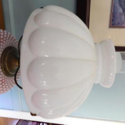 Milk Glass Cascading Fluted Shade Lamp with Hobnail Glass Post Choice C   (L8c)