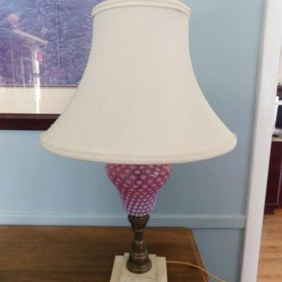 Cranberry Hobnail Glass Post Lamp with Bell Shade Choice A   (L9a)