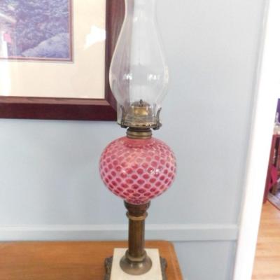Cranberry with White Patterned Glass Post Lamp with Chimney Choice A   (L10a)