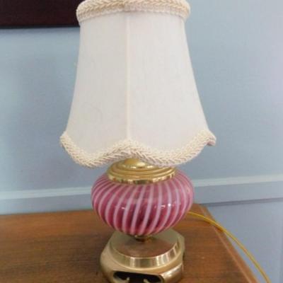 Cranberry White Stripe Swirl Belly Glass Table Lamp   (L12)