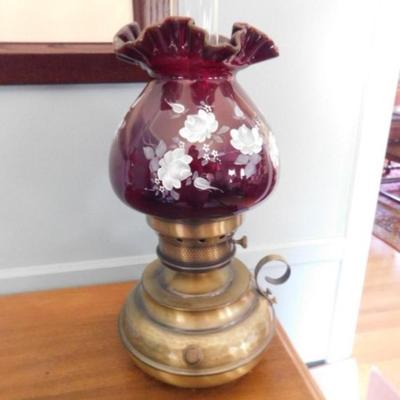 Fenton Hand Painted Shade Signed by Artist on a Brass Finish Oil Lamp Base  (L13)