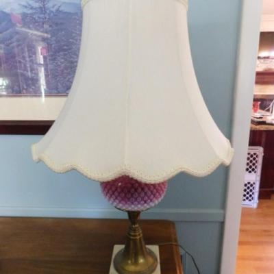 Vintage Fenton Cranberry Hobnail Table Lamp with Scalloped Edge Fabric Shade  (L14)