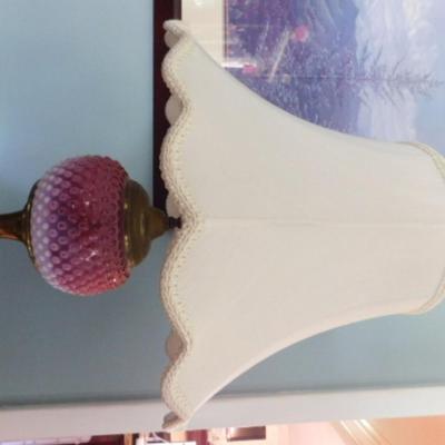 Vintage Fenton Cranberry Hobnail Table Lamp with Scalloped Edge Fabric Shade  (L14)