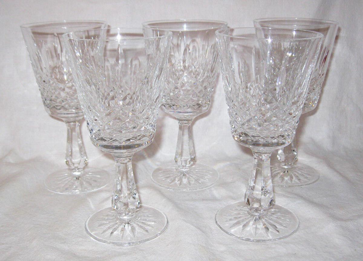 Lot AAQ Waterford Crystal Kenmare 5 Water Goblet Cut Glass Criss Cross ...