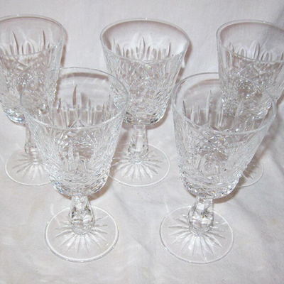 Lot AAQ Waterford Crystal Kenmare 5 Water Goblet Cut Glass Criss Cross Ireland Etched