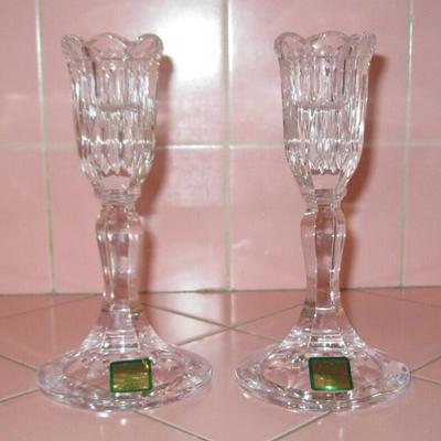 Lot AAR Pair Marquis Waterford Crystal Candle Holders Stick Austria Sorrento Foil Labels