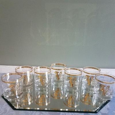 Set of 7 MCM bar glasses trimmed in gold